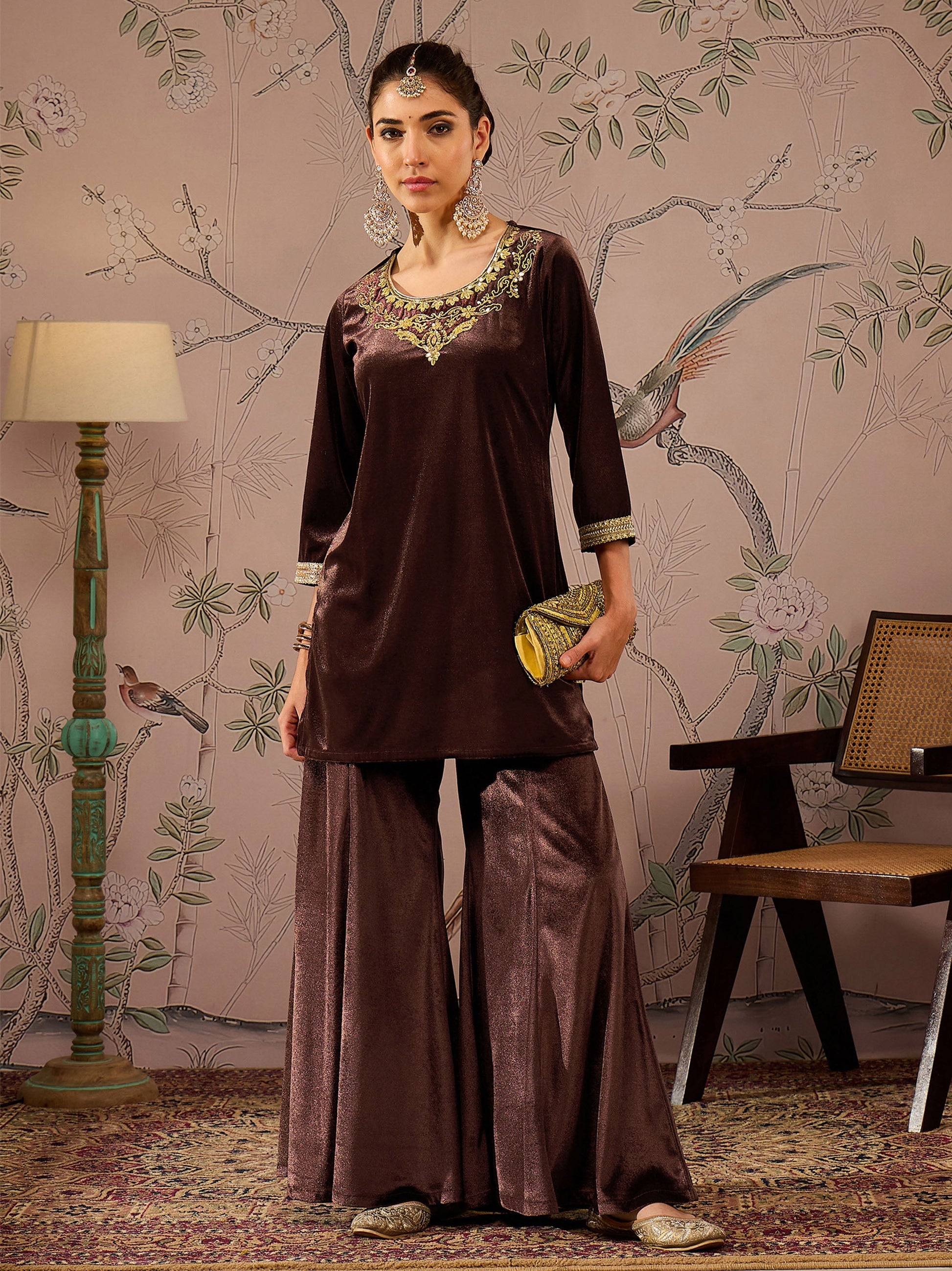Women's Women Brown Velvet Embroidered Short Kurta With Palazzo Pants in Velvet by Shae for wholesale, bulk, supplier, manufacturer and wholesaler buyers from Trendphoria