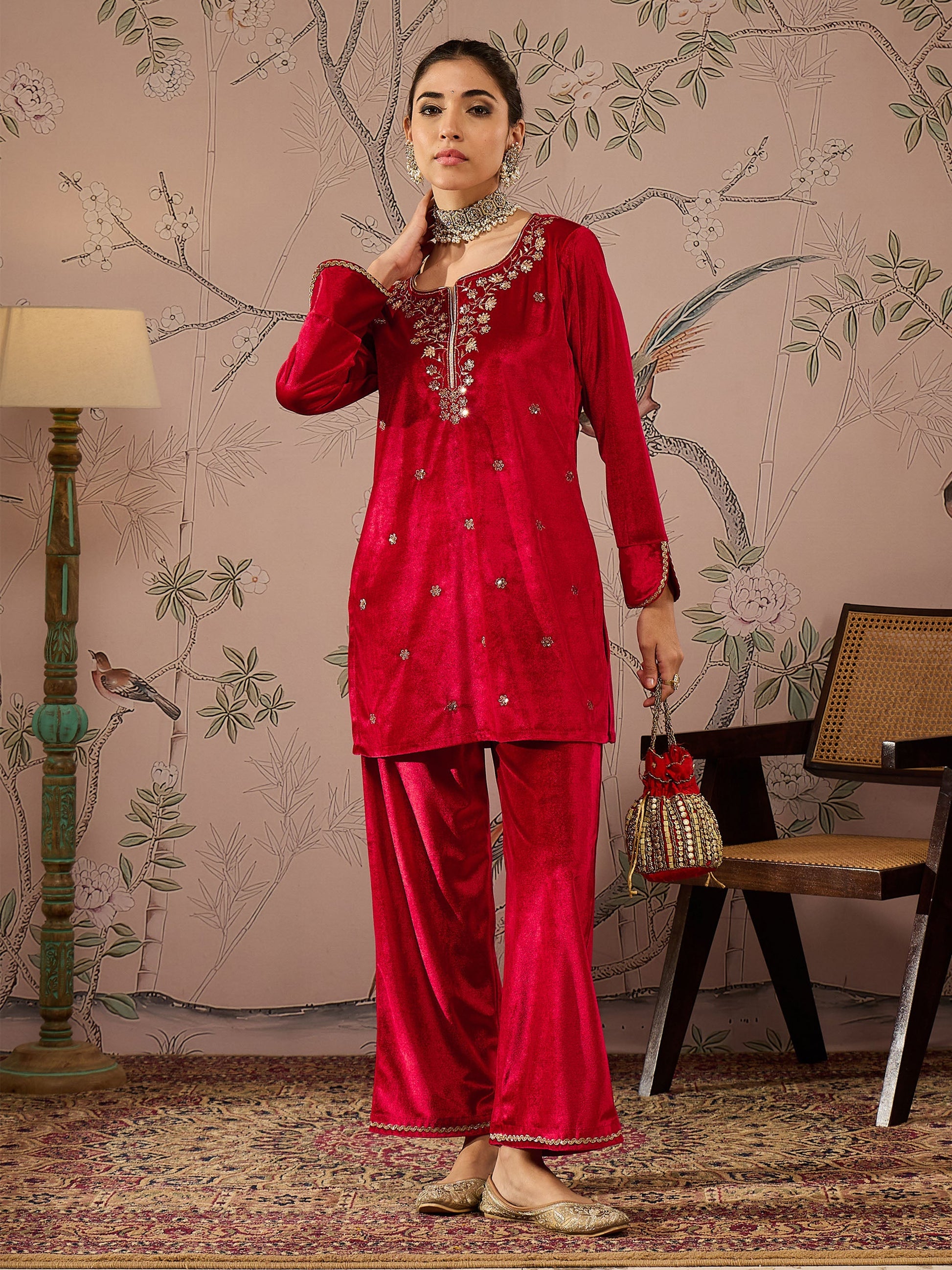 Women's Women Red Velvet Embroidered Short Kurta With Straight Pants in Velvet by Shae for wholesale, bulk, supplier, manufacturer and wholesaler buyers from Trendphoria