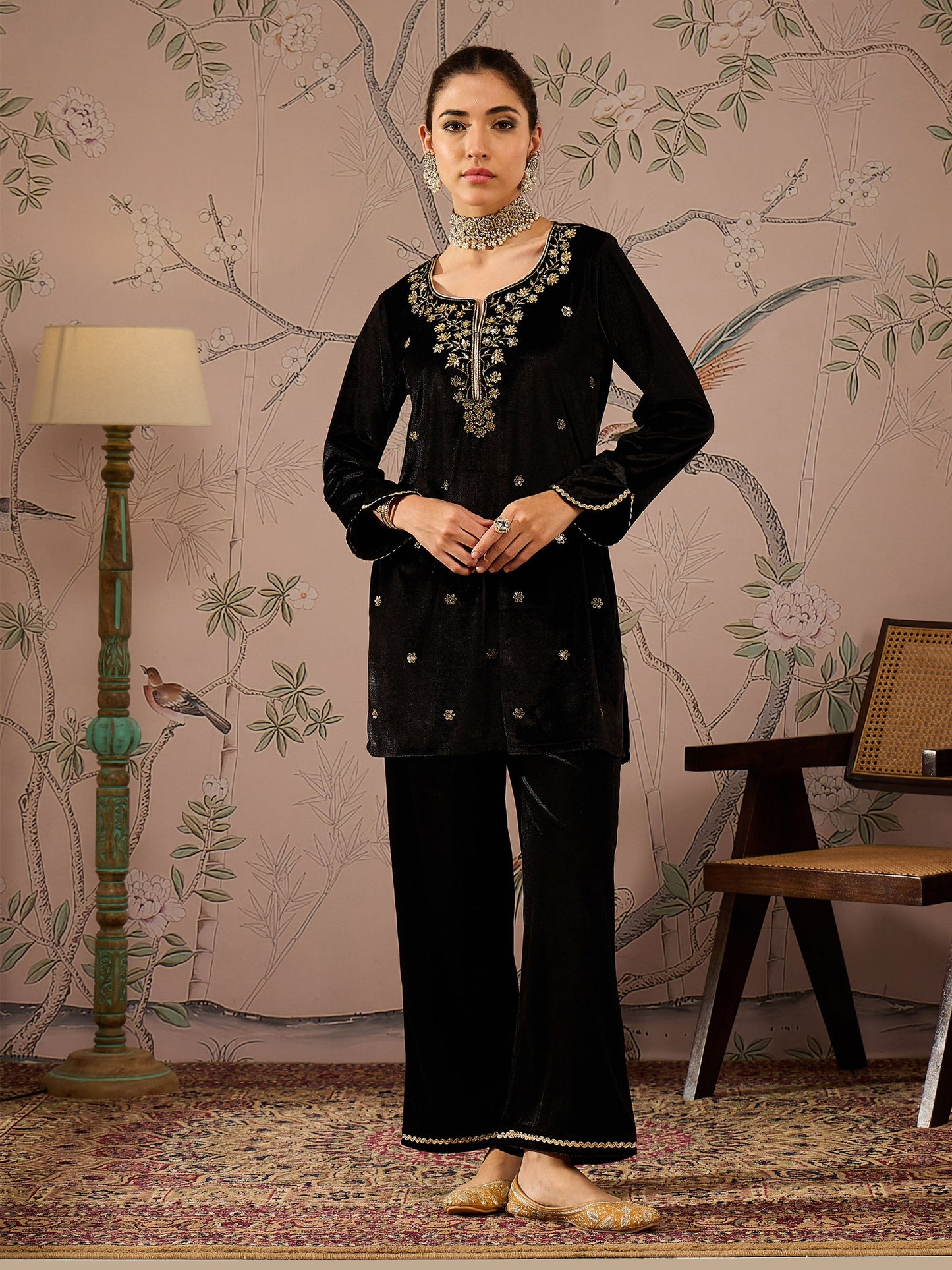 Women's Women Black Velvet Embroidered Short Kurta With Straight Pants in Velvet by Shae for wholesale, bulk, supplier, manufacturer and wholesaler buyers from Trendphoria