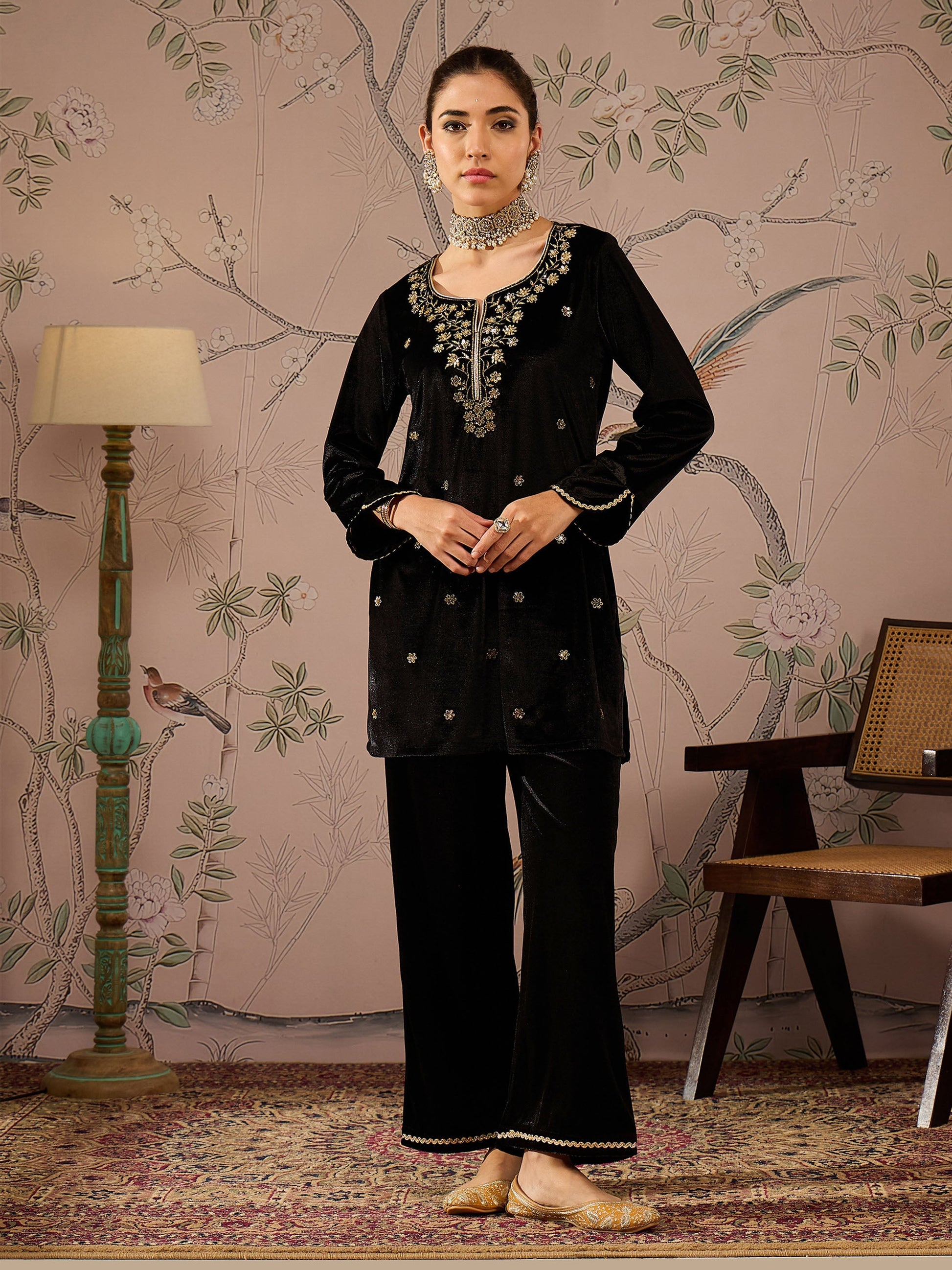 Women's Women Black Velvet Embroidered Short Kurta With Straight Pants in Velvet by Shae for wholesale, bulk, supplier, manufacturer and wholesaler buyers from Trendphoria