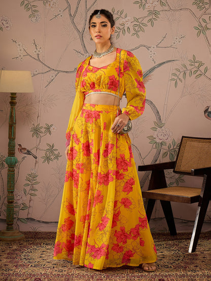 Yellow Floral Sweetheart Neck Crop Top With Anarkali Skirt
