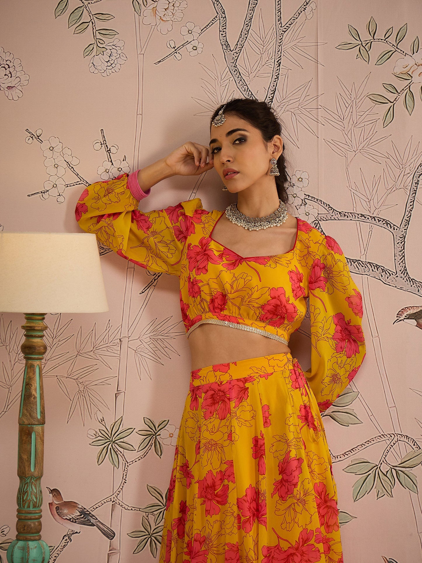 Yellow Floral Sweetheart Neck Crop Top With Anarkali Skirt