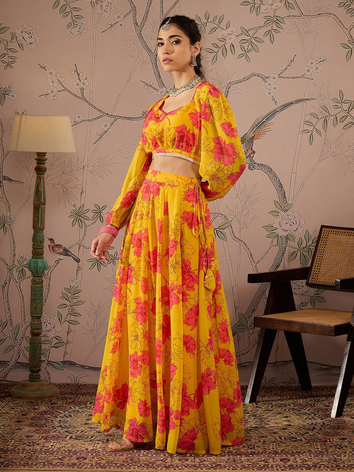 Yellow Floral Sweetheart Neck Crop Top With Anarkali Skirt