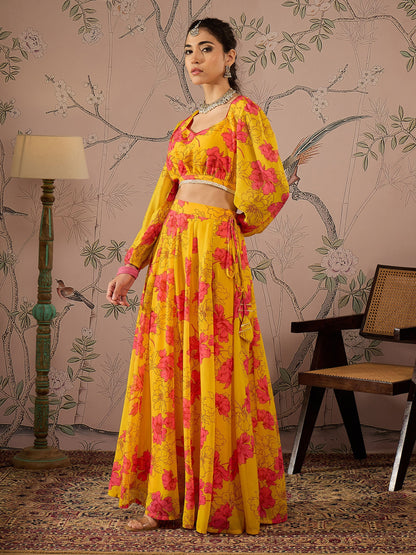 Yellow Floral Sweetheart Neck Crop Top With Anarkali Skirt