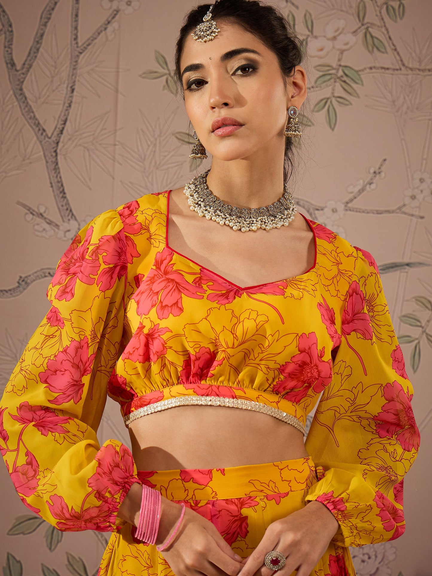 Yellow Floral Sweetheart Neck Crop Top With Anarkali Skirt