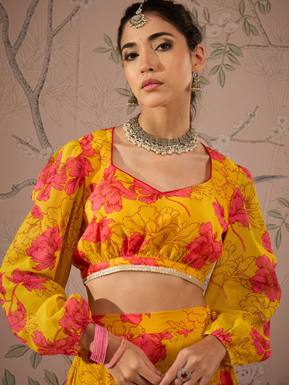 Yellow Floral Sweetheart Neck Crop Top With Anarkali Skirt