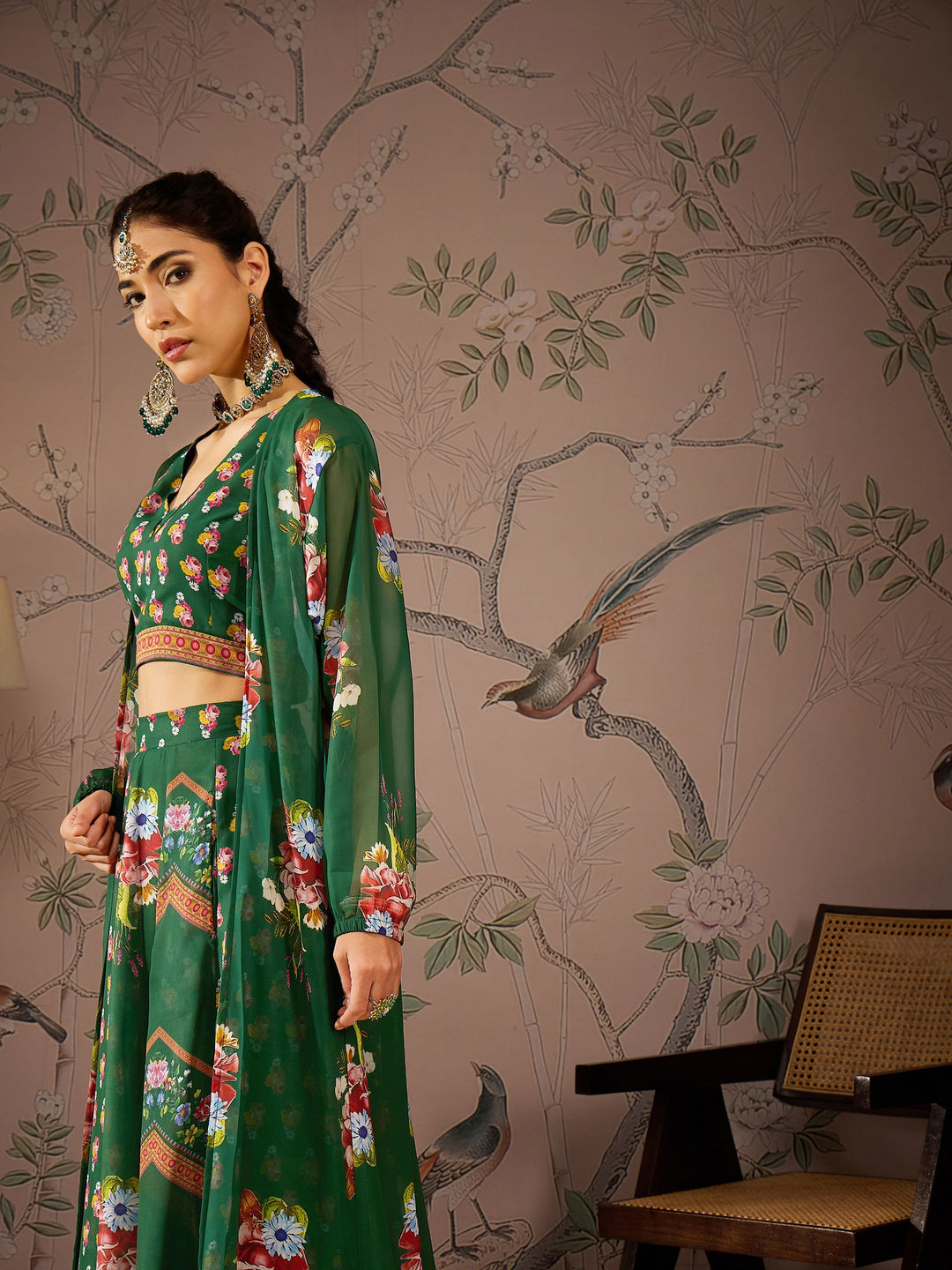 Green Multi Floral Crop Top With Anarkali Skirt &amp; Shrug -Shae by SASSAFRAS
