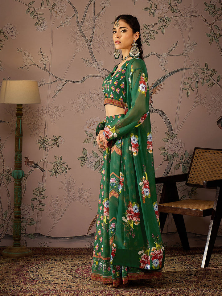 Green Multi Floral Crop Top With Anarkali Skirt &amp; Shrug -Shae by SASSAFRAS