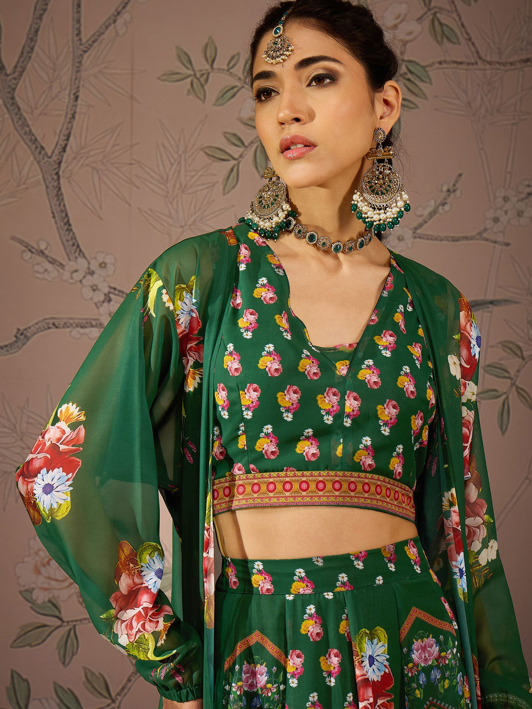 Green Multi Floral Crop Top With Anarkali Skirt &amp; Shrug -Shae by SASSAFRAS