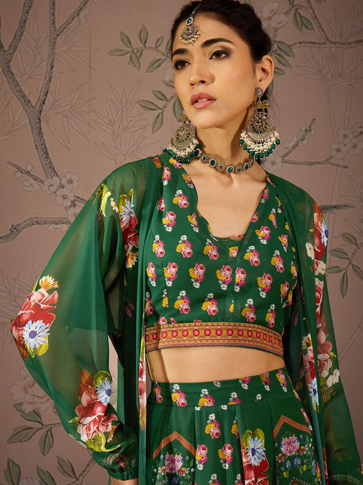 Green Multi Floral Crop Top With Anarkali Skirt &amp; Shrug -Shae by SASSAFRAS