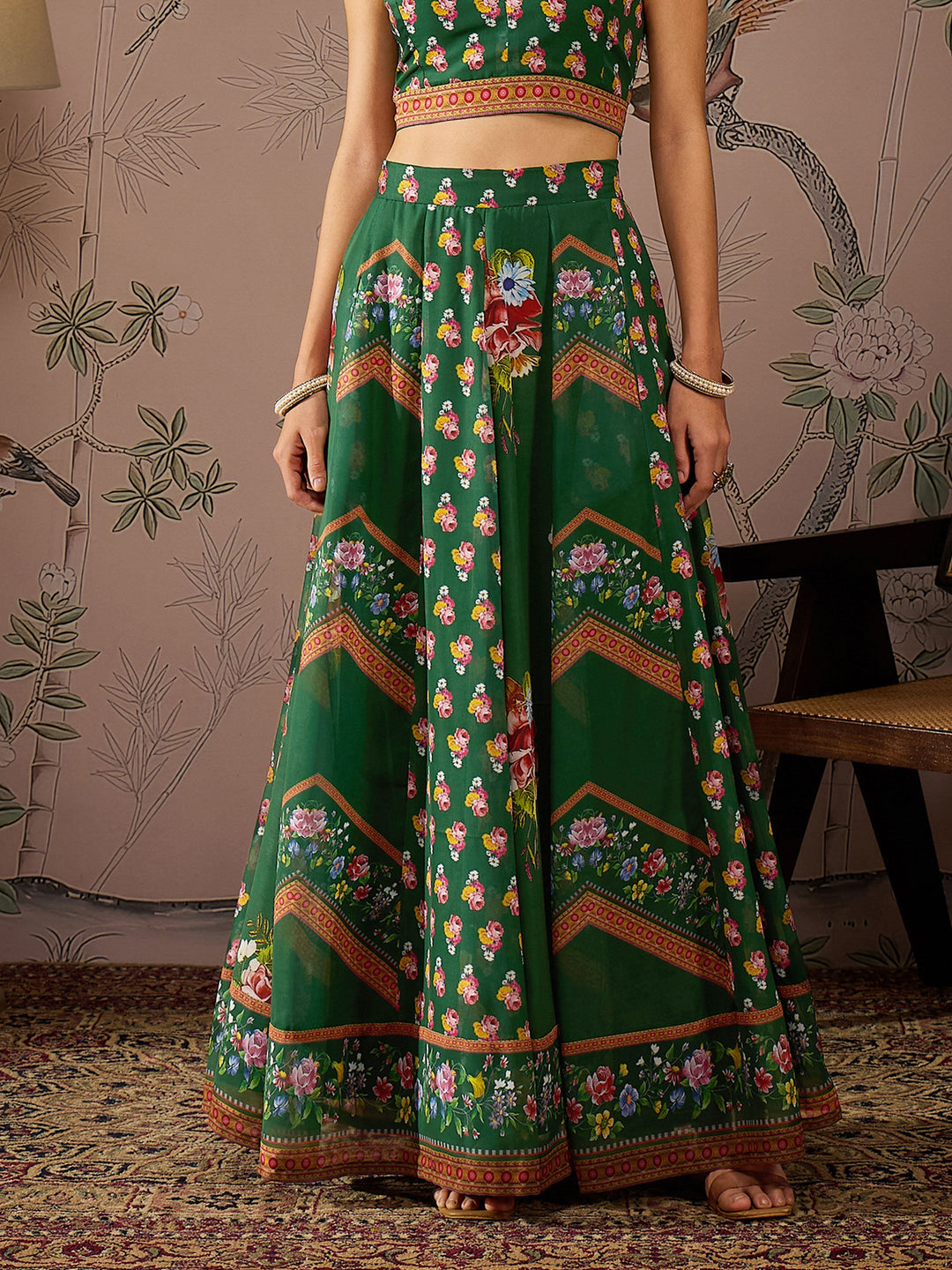 Green Multi Floral Crop Top With Anarkali Skirt &amp; Shrug -Shae by SASSAFRAS