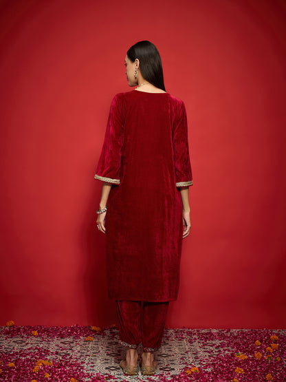 Maroon Velvet Front Emb Kurta With Afghani Pants-Shae by SASSAFRAS