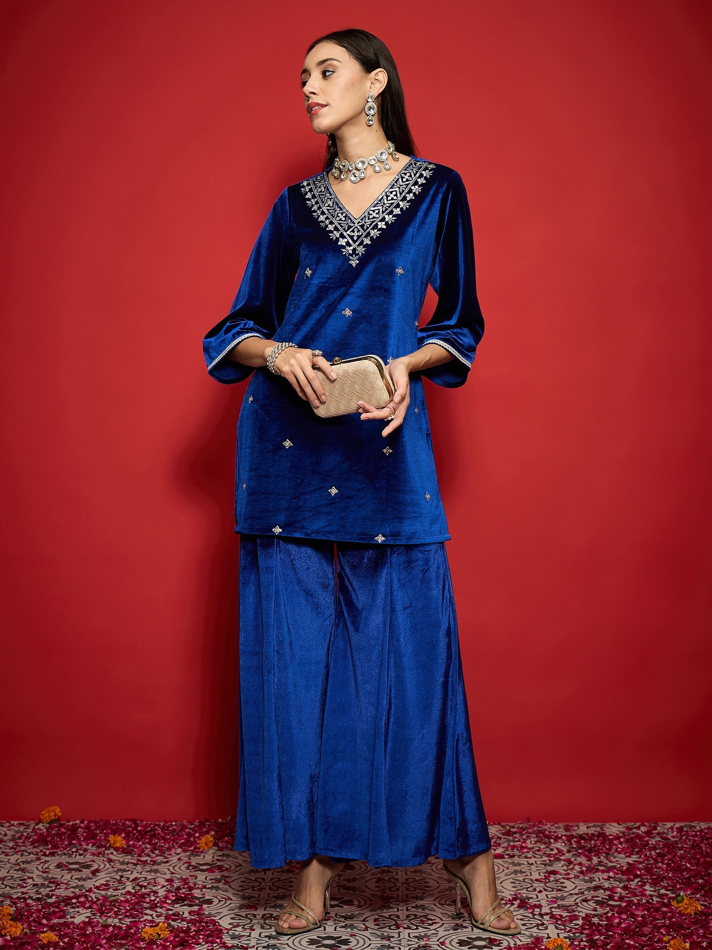 Women's Women Royal Blue Velvet Emb V-Neck Short Kurta With Palazzos in Velvet by Shae for wholesale, bulk, supplier, manufacturer and wholesaler buyers from Trendphoria