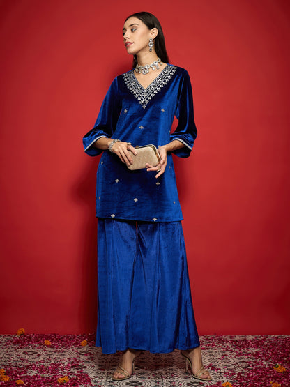 Women's Women Royal Blue Velvet Emb V-Neck Short Kurta With Palazzos in Velvet by Shae for wholesale, bulk, supplier, manufacturer and wholesaler buyers from Trendphoria