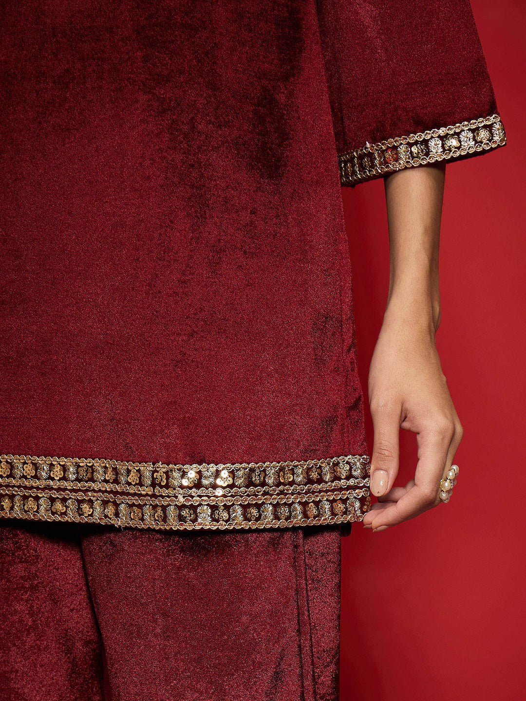 Maroon Velvet Emb V-Neck Short Kurta With Afghani Pants-Shae by SASSAFRAS