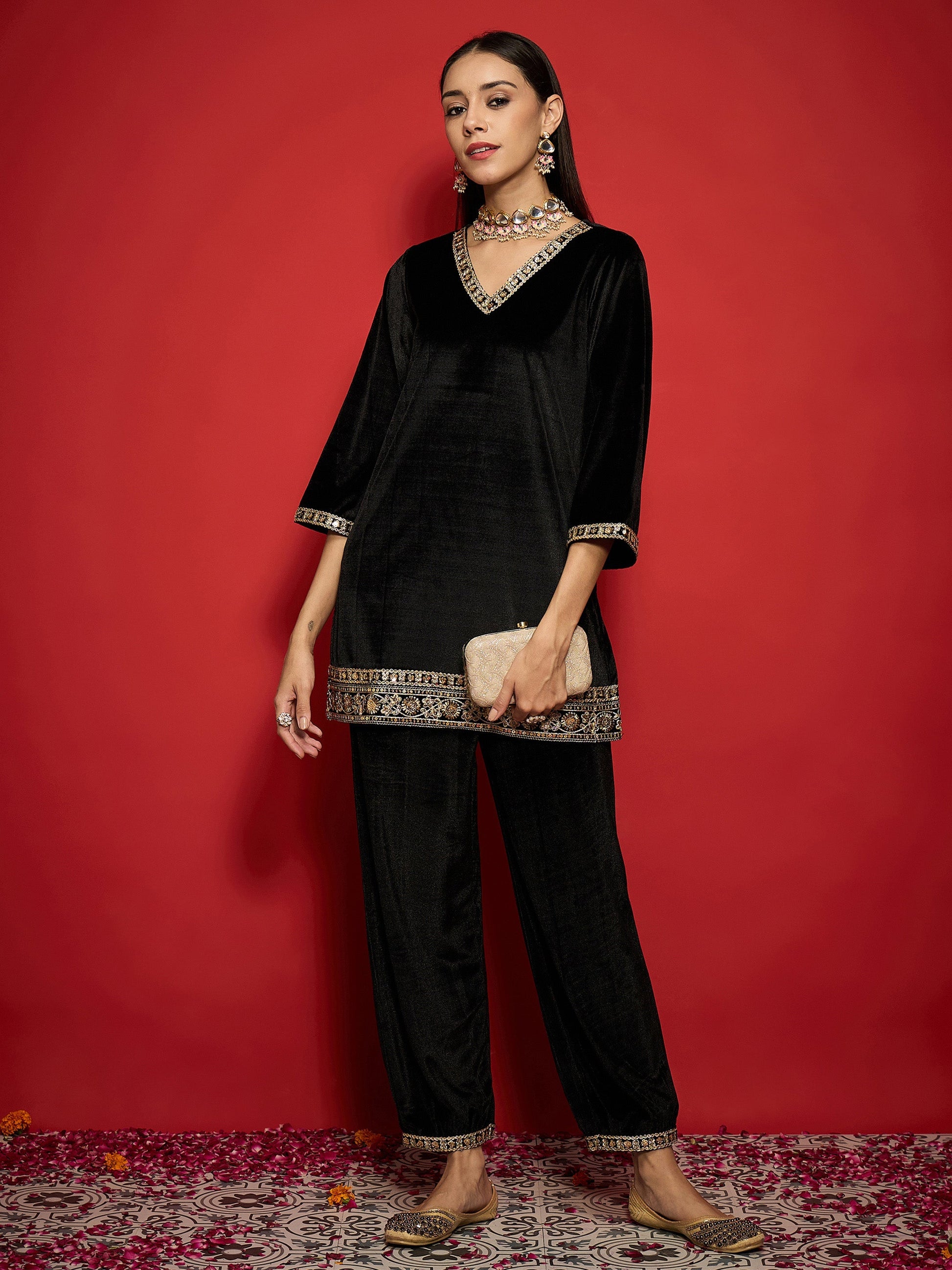 Women's Women Black Velvet Emb V-Neck Short Kurta With Straight Pants in Velvet by Shae for wholesale, bulk, supplier, manufacturer and wholesaler buyers from Trendphoria