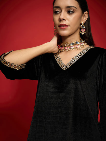 Black Velvet Emb V-Neck Short Kurta With Straight Pants-Shae by SASSAFRAS