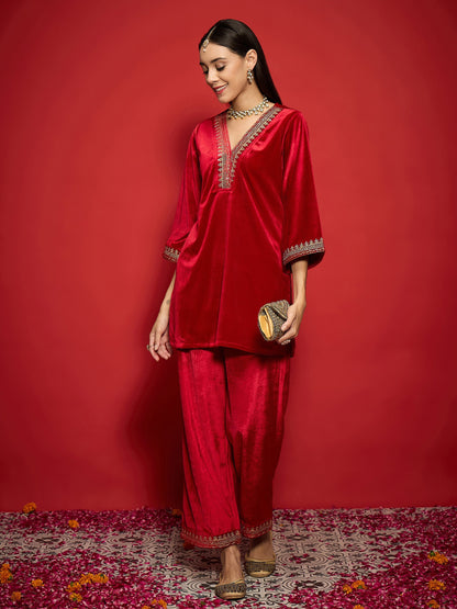 Red Velvet Emb V-Neck Short Kurta with Straight Pants-Shae by SASSAFRAS