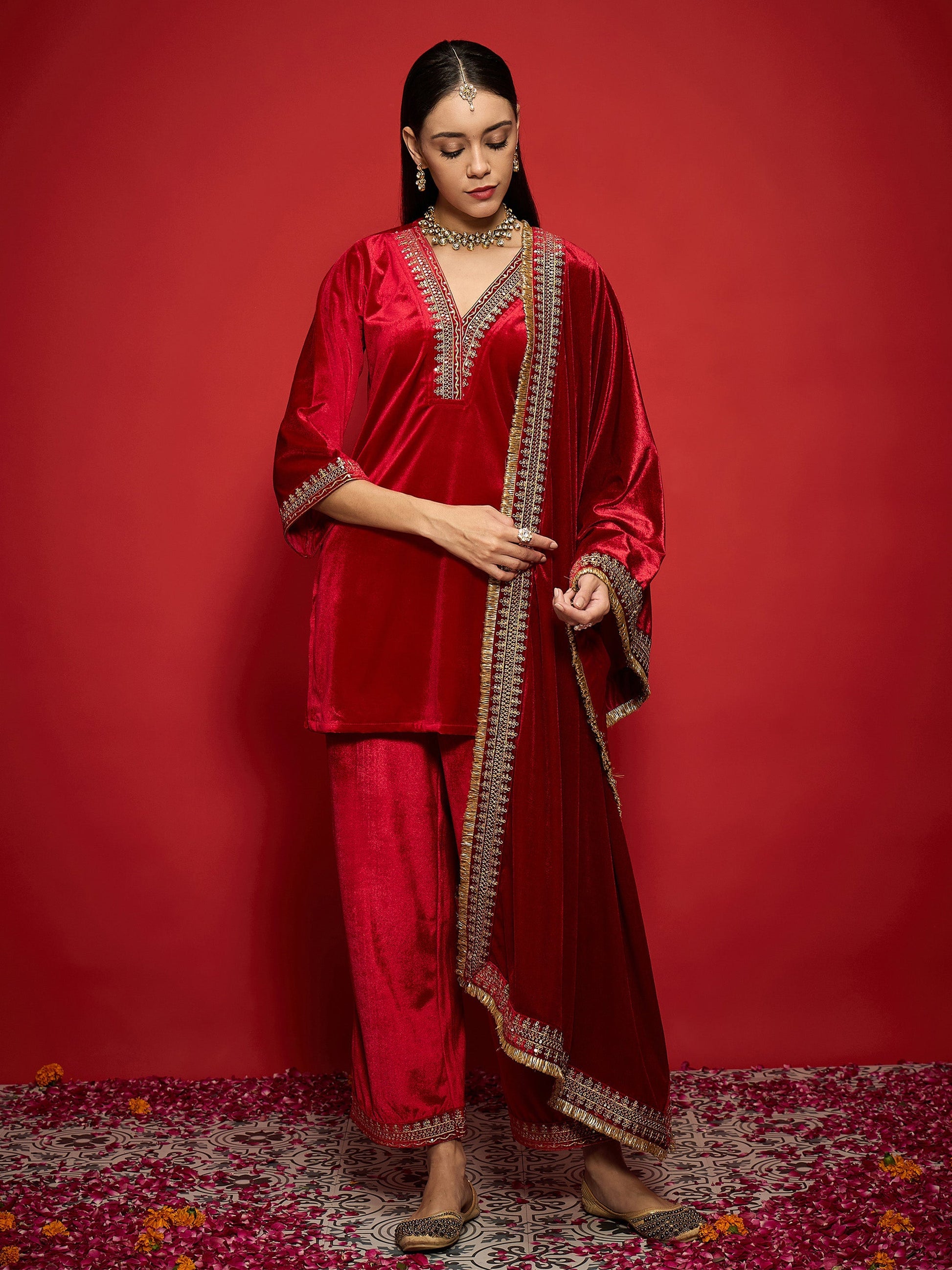 Women's Women Red Velvet Embroidered V-Neck Short Kurta Set With Dushala in Velvet by Shae for wholesale, bulk, supplier, manufacturer and wholesaler buyers from Trendphoria