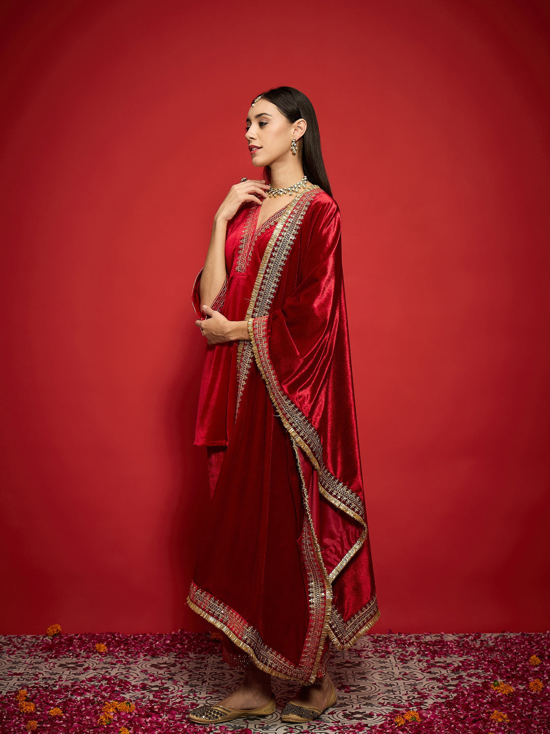 Red Velvet Embroidered V-Neck Short Kurta Set With Dushala -Shae by SASSAFRAS