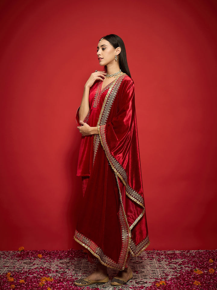 Red Velvet Embroidered V-Neck Short Kurta Set With Dushala -Shae by SASSAFRAS