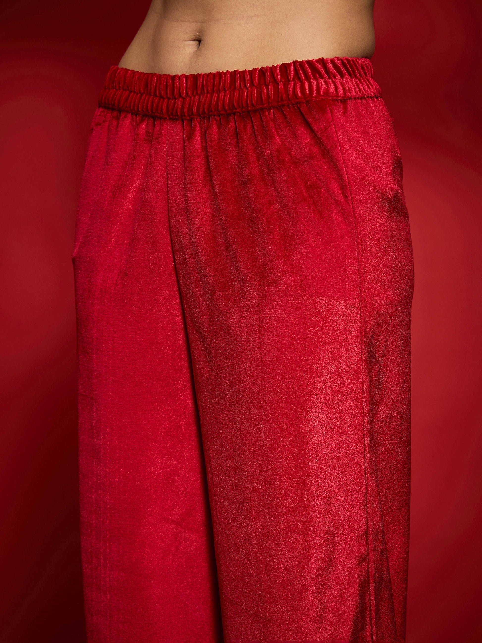 Red Velvet Embroidered V-Neck Short Kurta Set With Dushala -Shae by SASSAFRAS