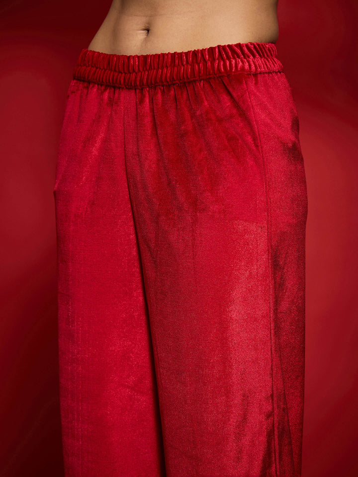 Red Velvet Embroidered V-Neck Short Kurta Set With Dushala -Shae by SASSAFRAS