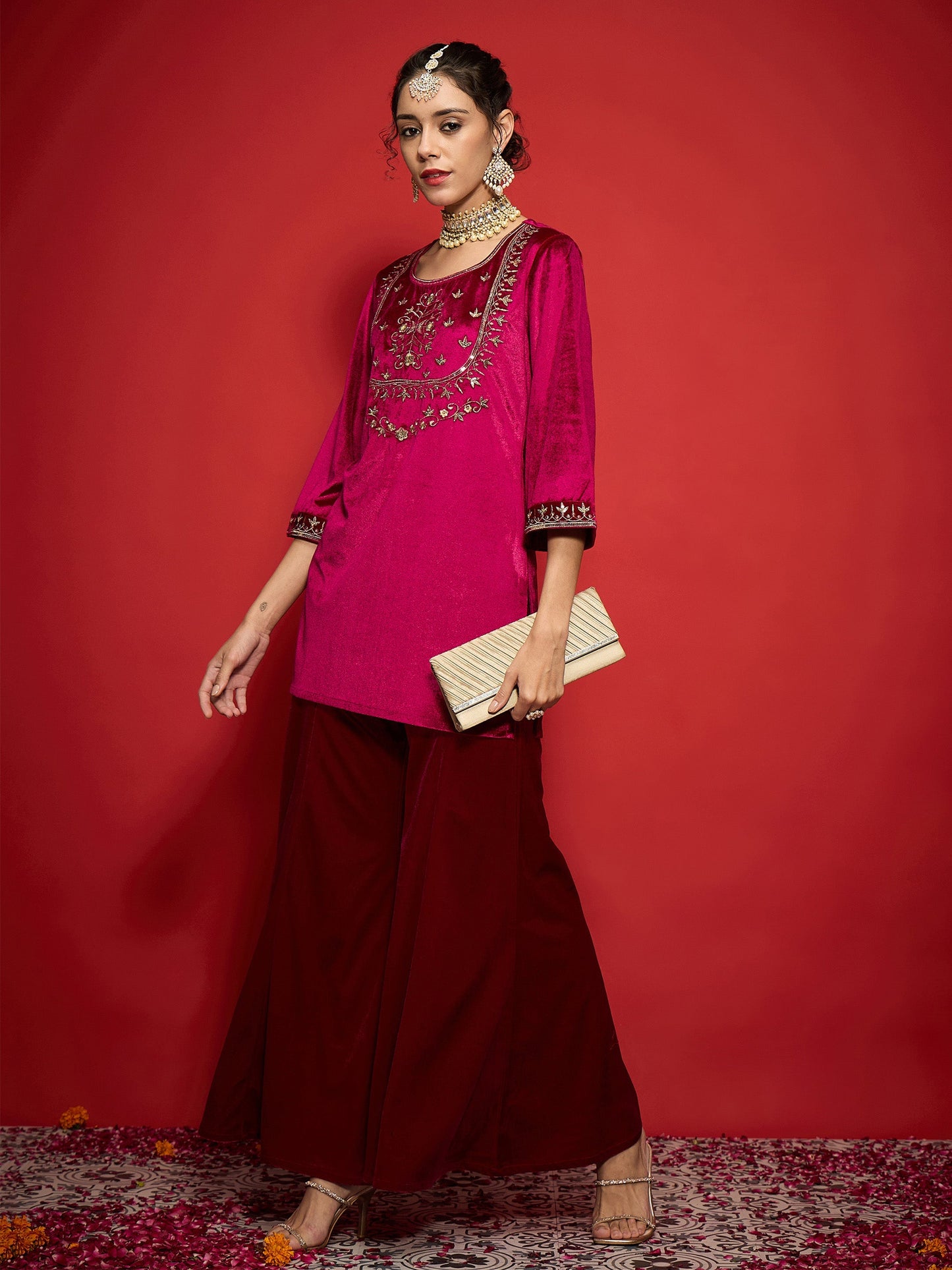 Fuchsia Velvet Yoke Emb Short Kurta With Palazzos