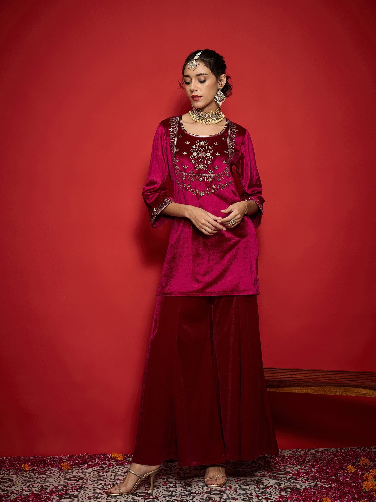 Fuchsia Velvet Yoke Emb Short Kurta With Palazzos