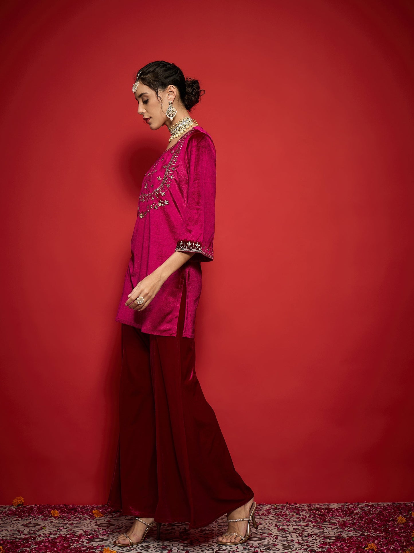 Fuchsia Velvet Yoke Emb Short Kurta With Palazzos