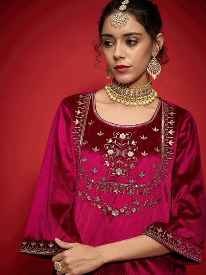 Fuchsia Velvet Yoke Emb Short Kurta With Palazzos