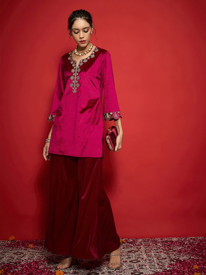 Fuchsia Velvet Placket Emb Short Kurta With Palazzos