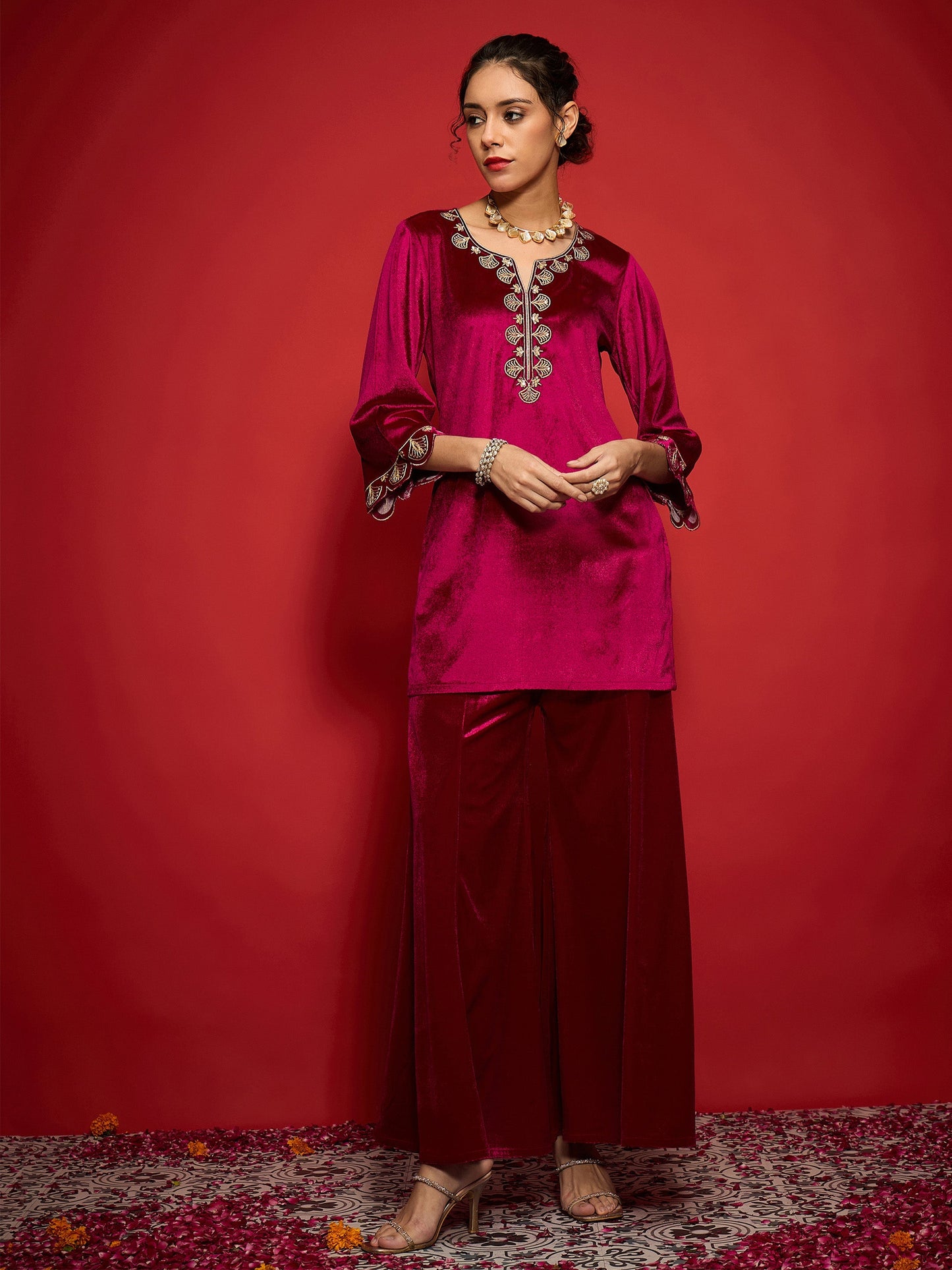 Fuchsia Velvet Placket Emb Short Kurta With Palazzos