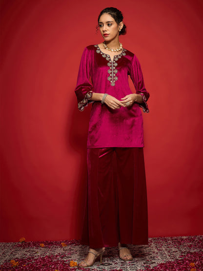 Fuchsia Velvet Placket Emb Short Kurta With Palazzos