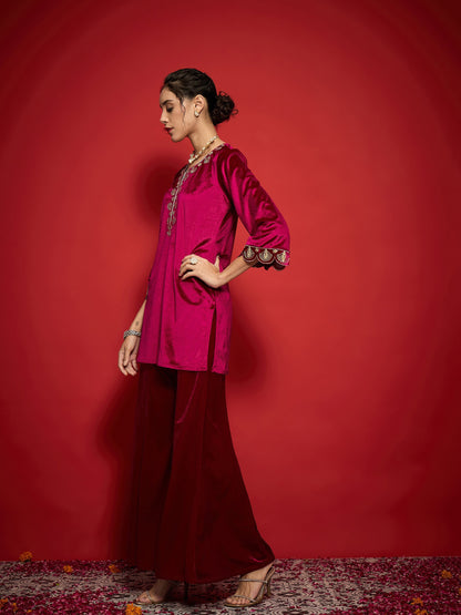Fuchsia Velvet Placket Emb Short Kurta With Palazzos