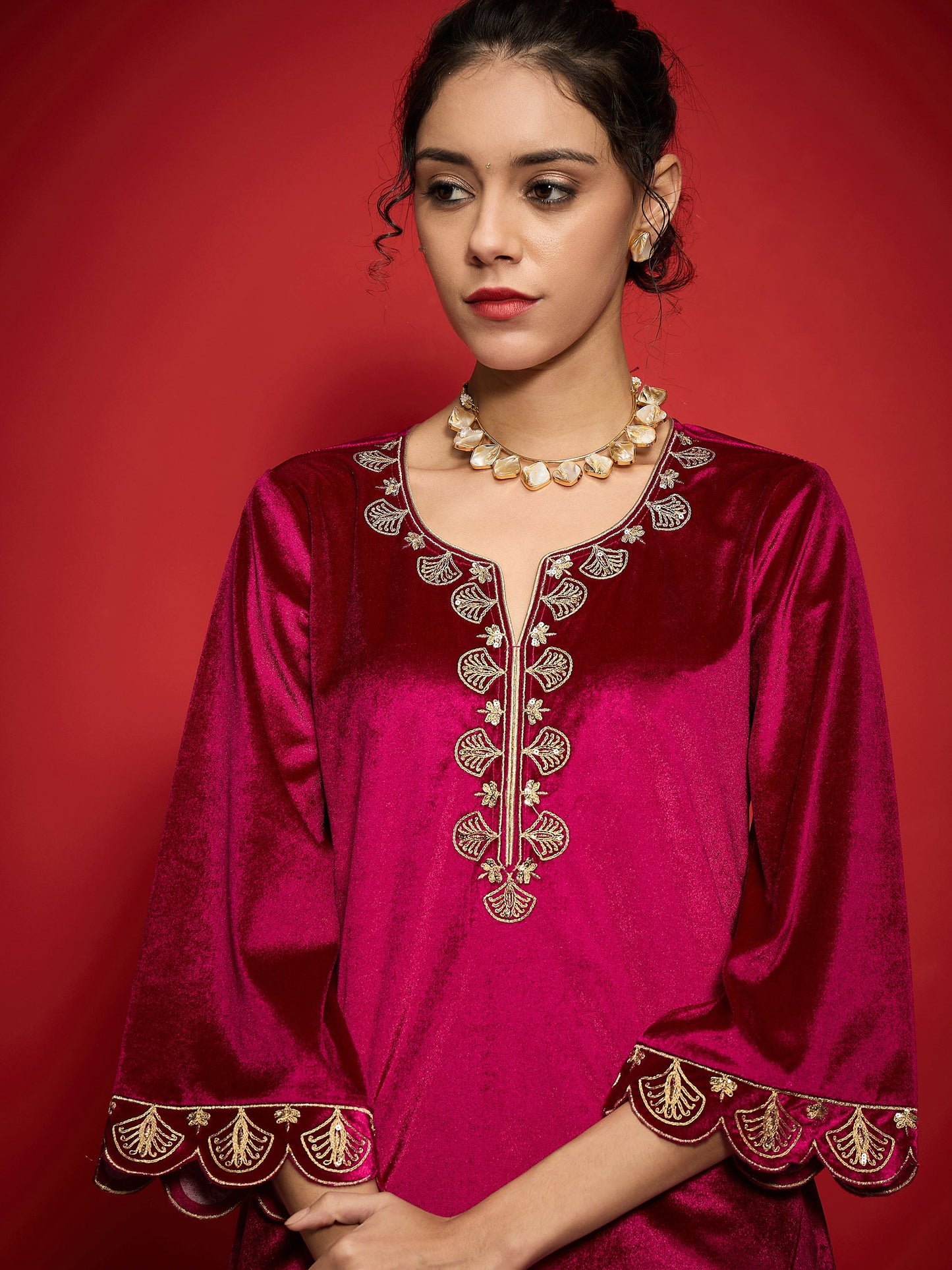 Fuchsia Velvet Placket Emb Short Kurta With Palazzos