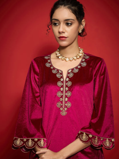 Fuchsia Velvet Placket Emb Short Kurta With Palazzos