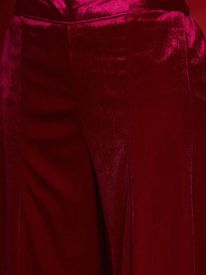 Fuchsia Velvet Placket Emb Short Kurta With Palazzos