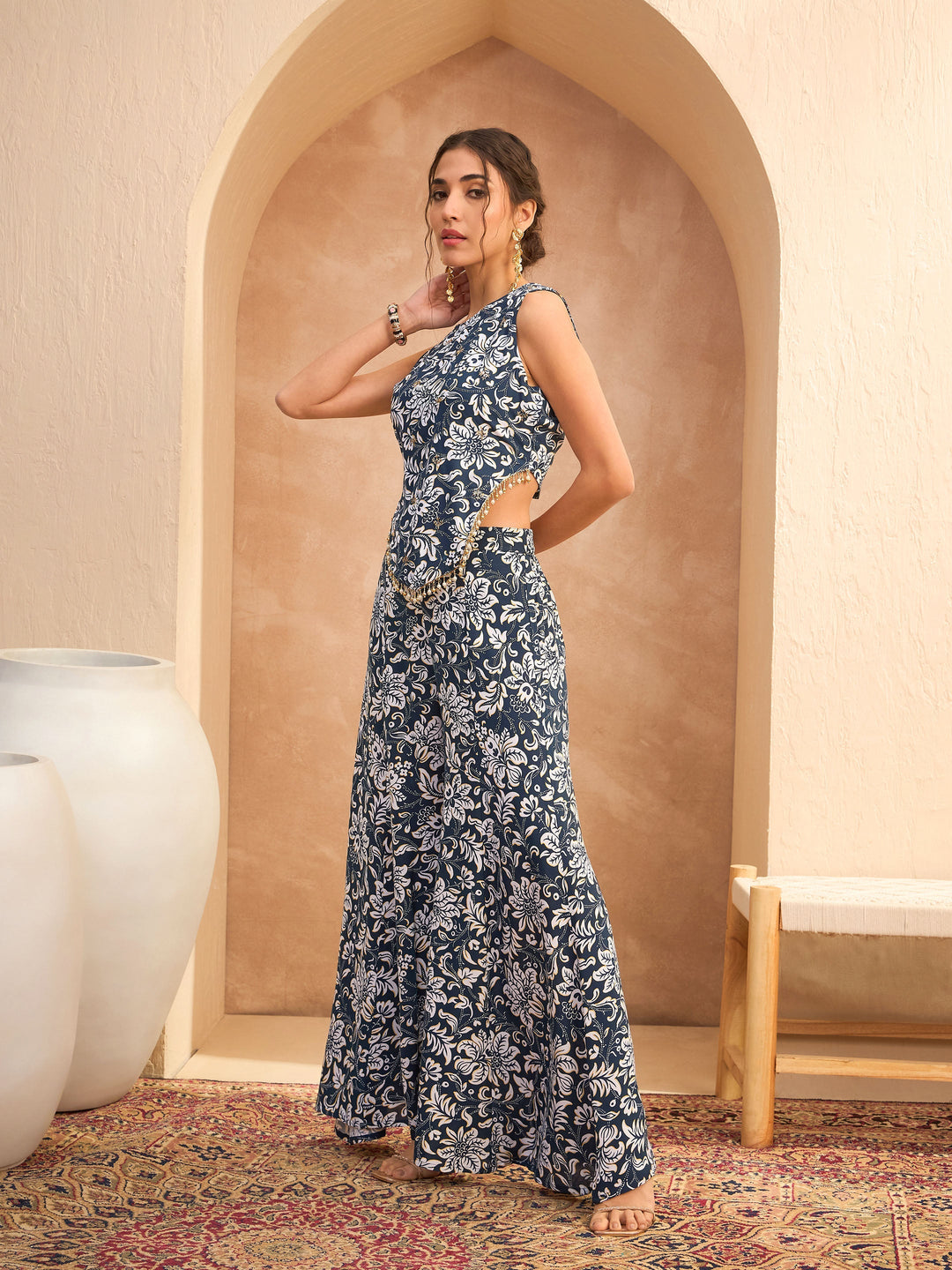 Blue &amp; White Floral Sleeveless Top With Palazzos-Shae by SASSAFRAS