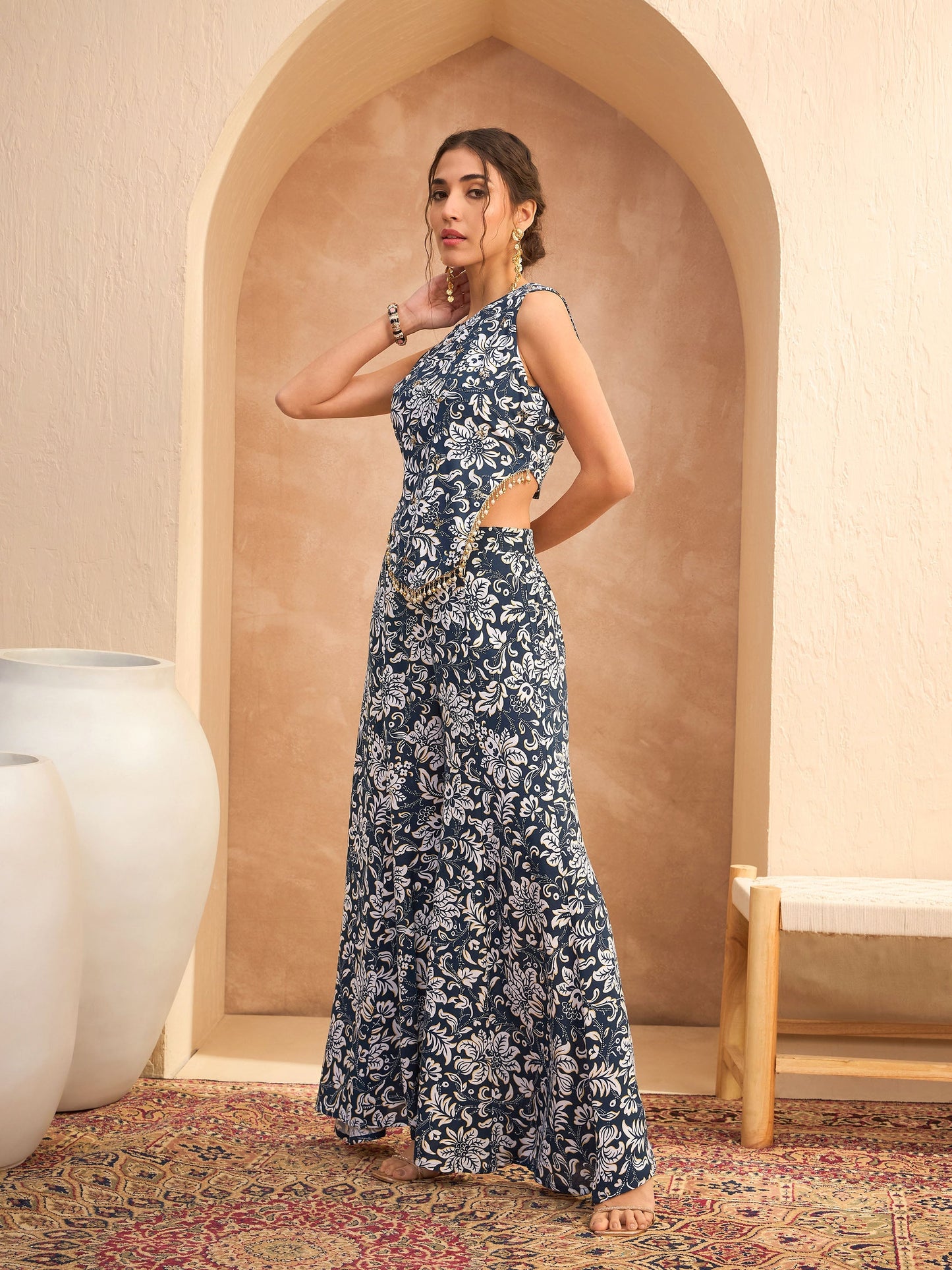 Blue & White Floral Sleeveless Top With Palazzos-Shae by SASSAFRAS