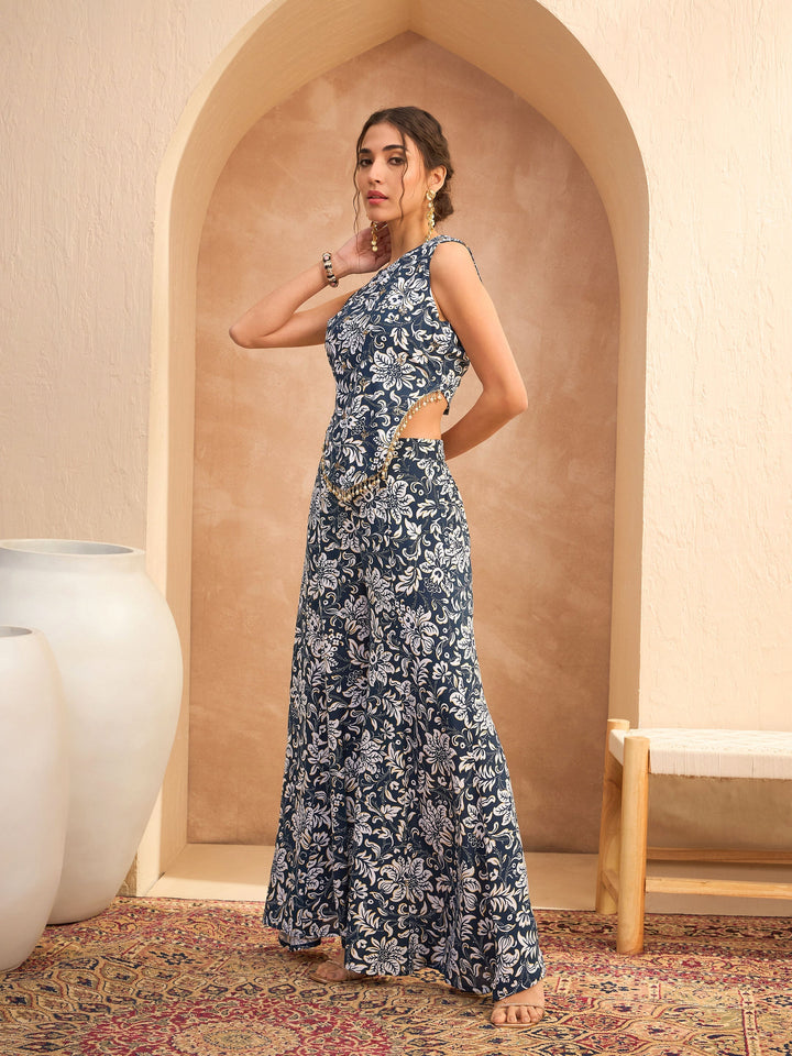 Blue &amp; White Floral Sleeveless Top With Palazzos-Shae by SASSAFRAS