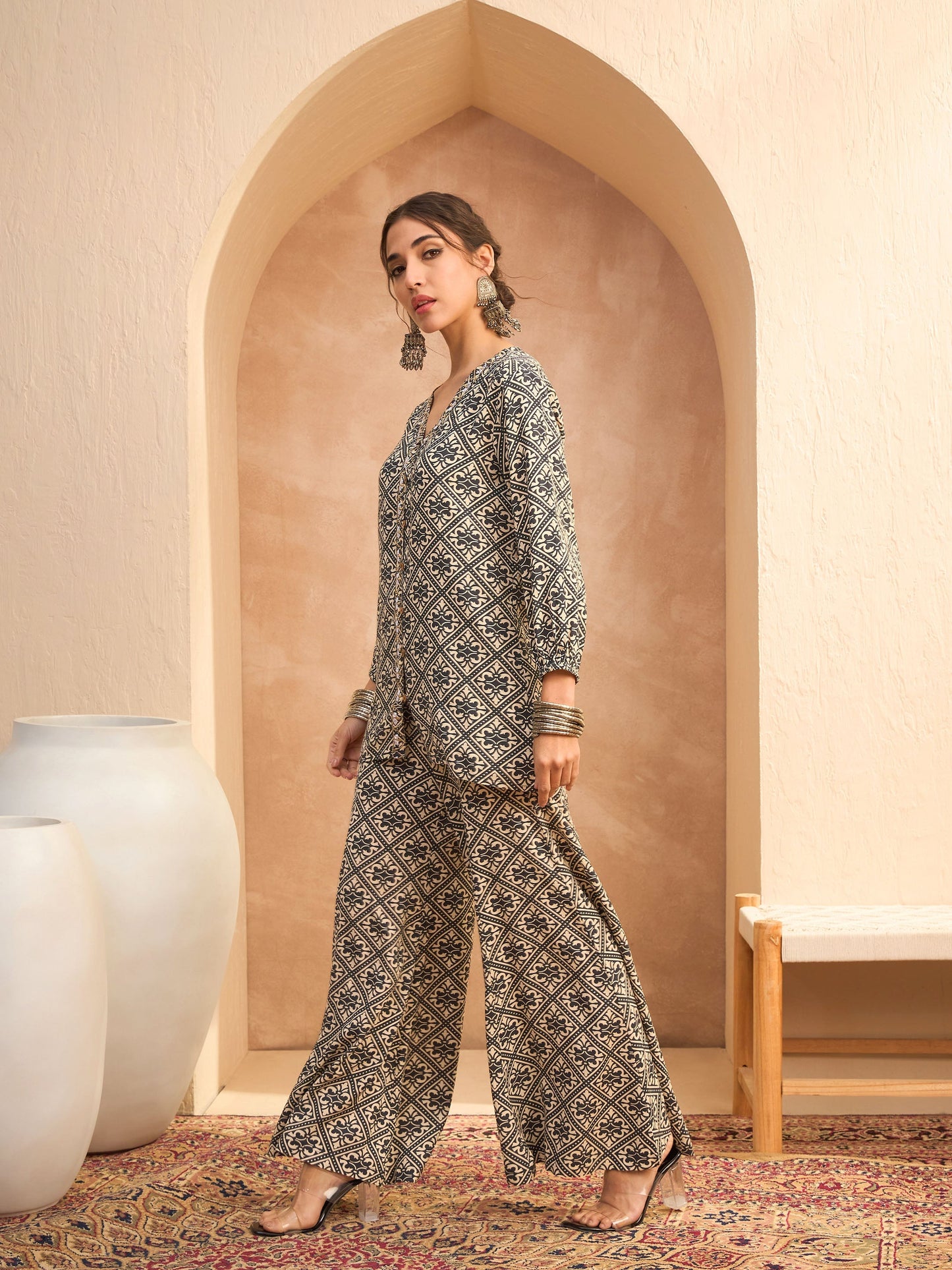 Beige & Black Floral Shirt With Palazzos