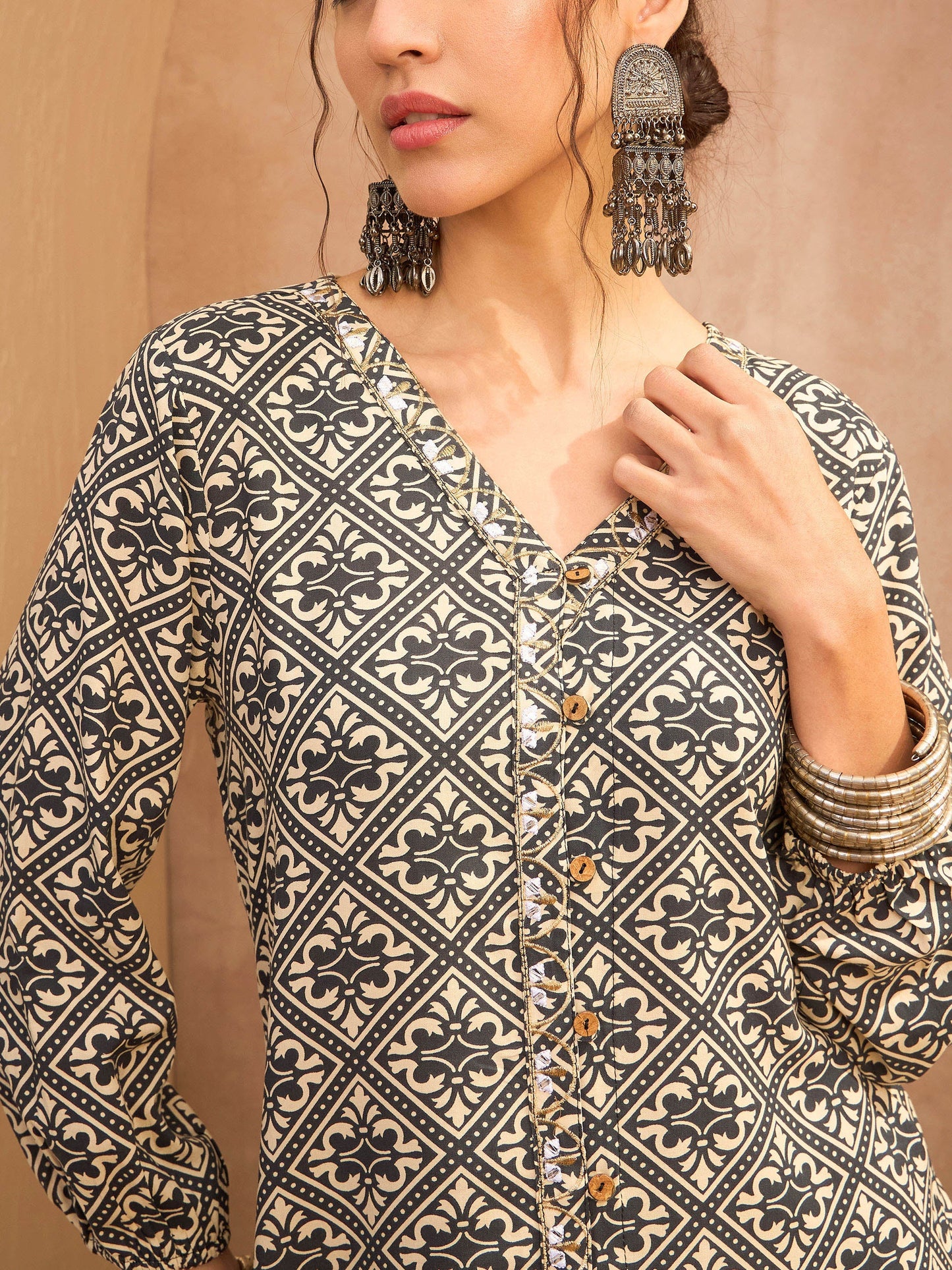Beige & Black Floral Shirt With Palazzos