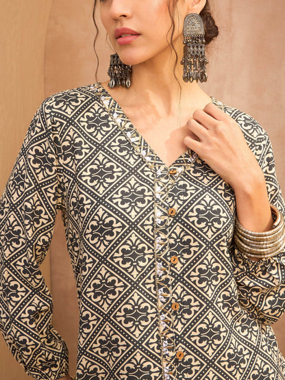 Beige & Black Floral Shirt With Palazzos