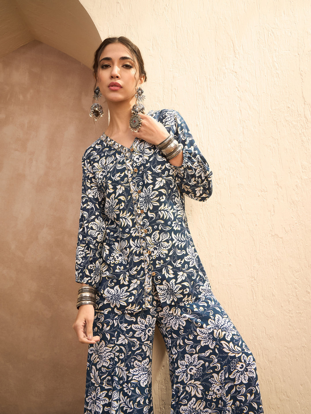 Blue &amp; White Floral Shirt With Palazzos-Shae by SASSAFRAS
