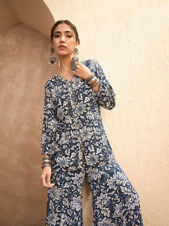 Blue &amp; White Floral Shirt With Palazzos-Shae by SASSAFRAS