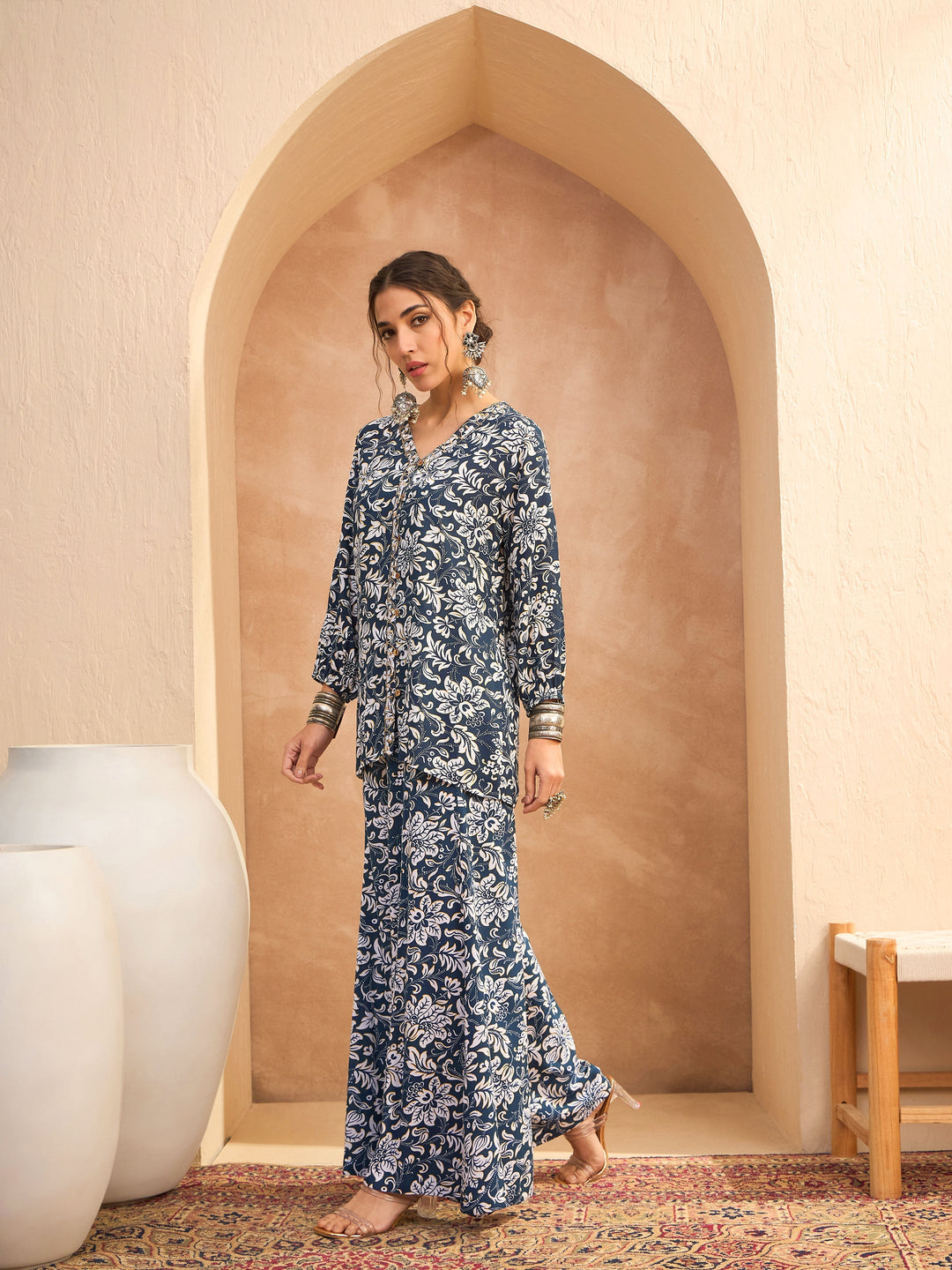 Blue &amp; White Floral Shirt With Palazzos-Shae by SASSAFRAS
