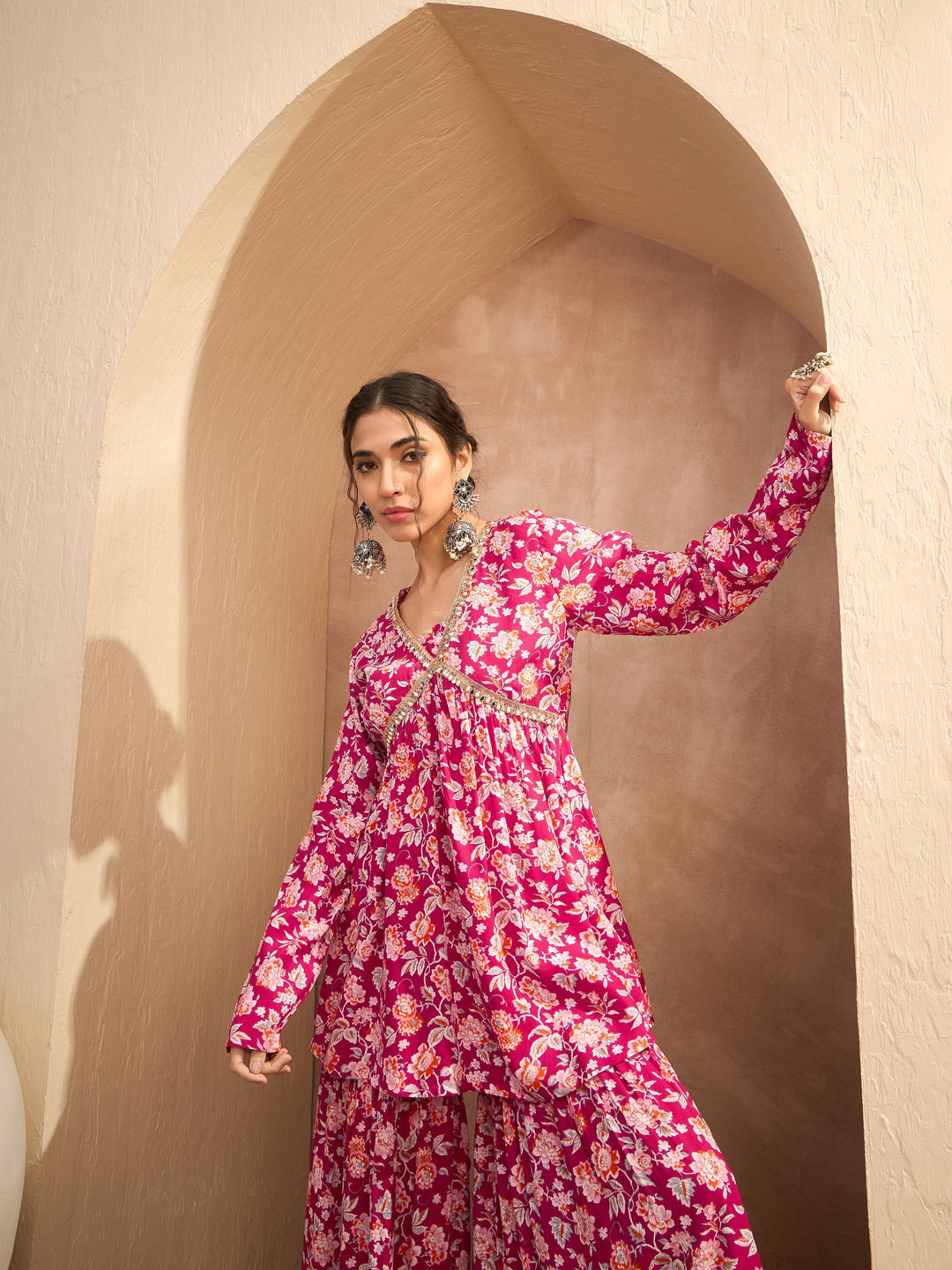 Red Floral Cambric Peplum Top With Sharara Pants-Shae by SASSAFRAS