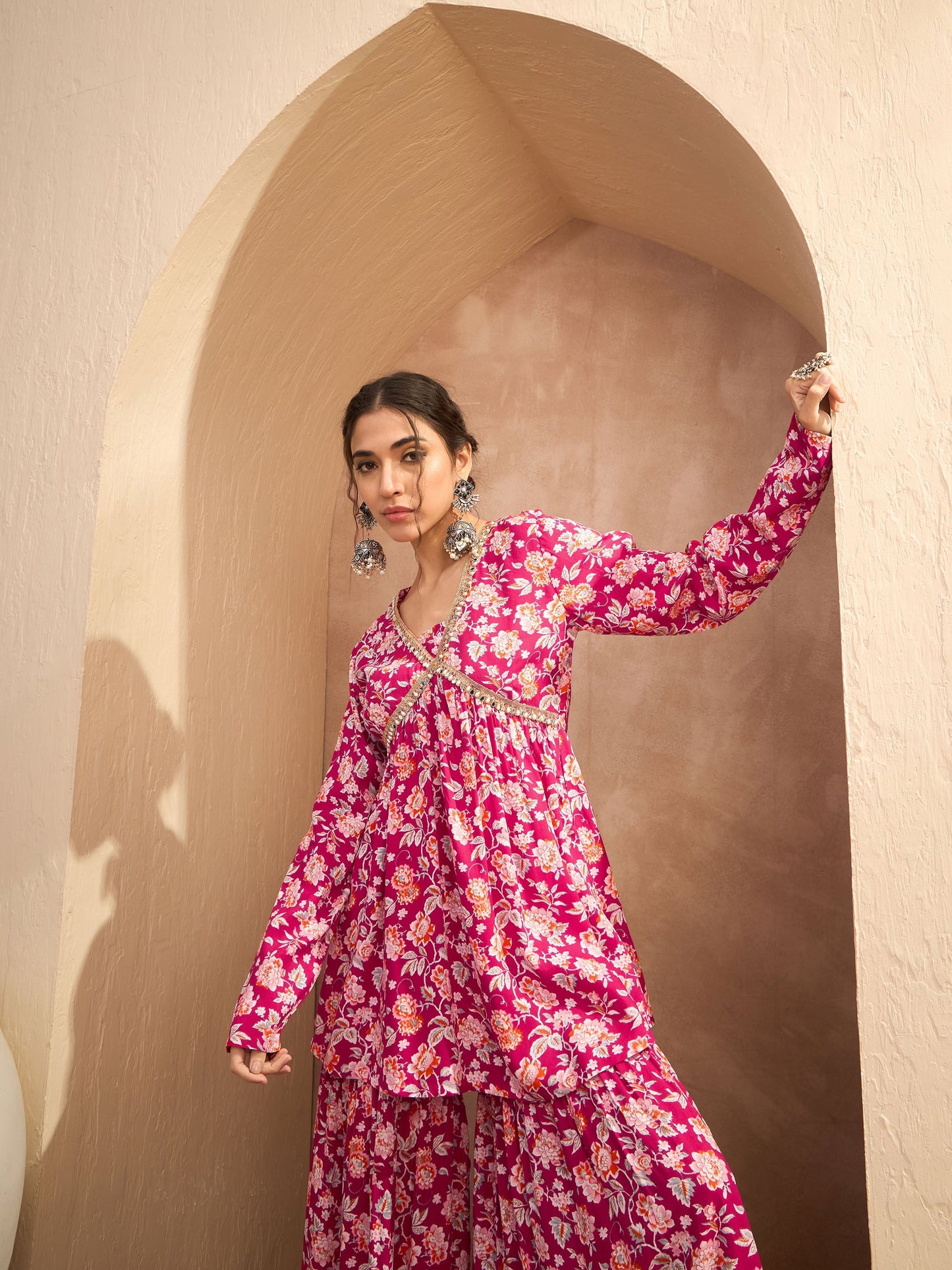 Red Floral Cambric Peplum Top With Sharara Pants-Shae by SASSAFRAS