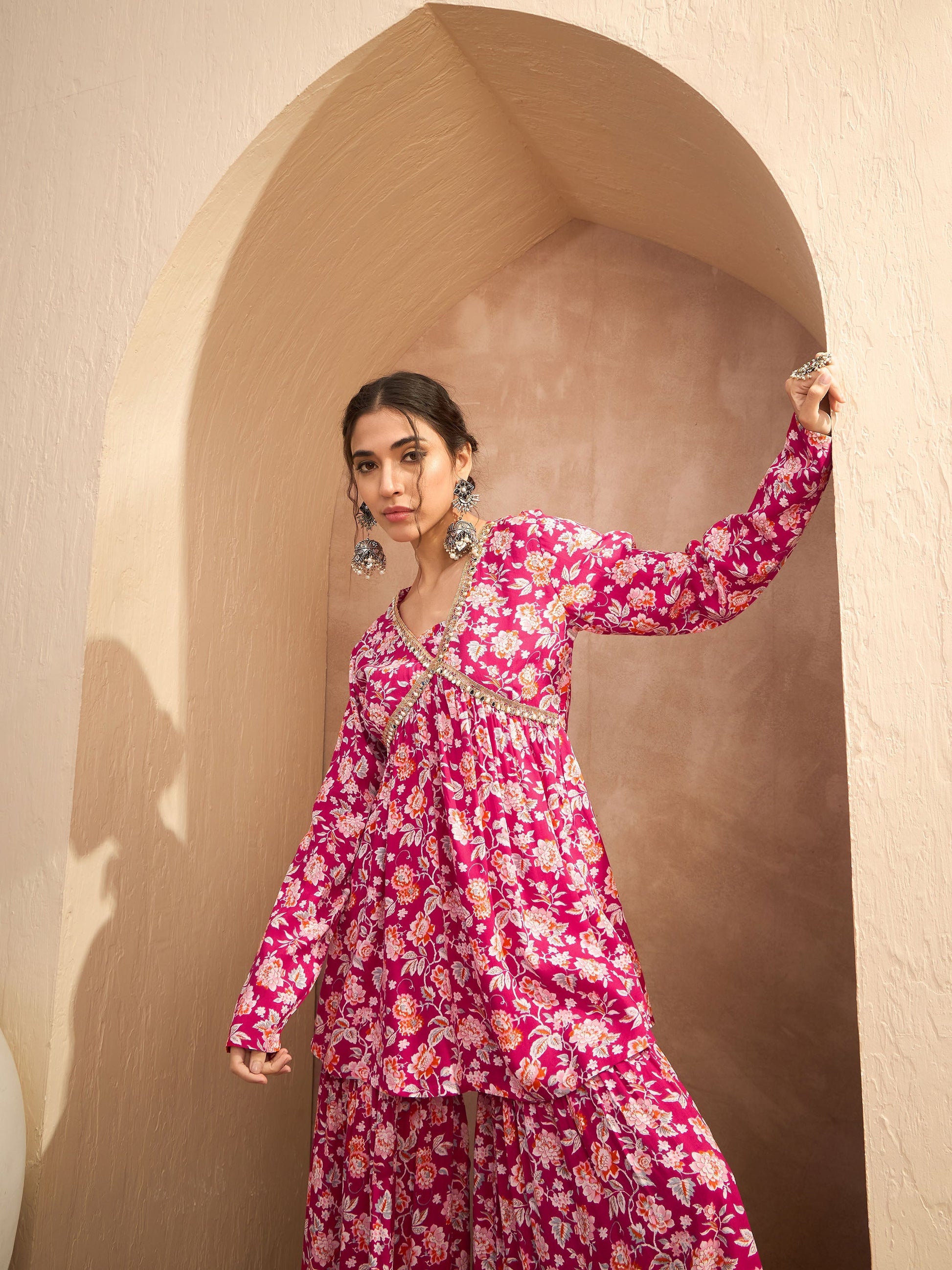 Red Floral Cambric Peplum Top With Sharara Pants-Shae by SASSAFRAS